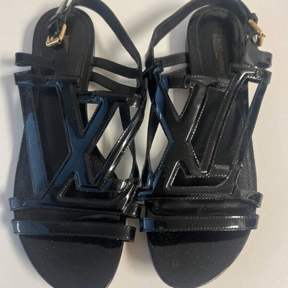Louis Vuitton Revival Patent Leather LV Logo Sandals Flats 37.5 - Picture 1 of 5